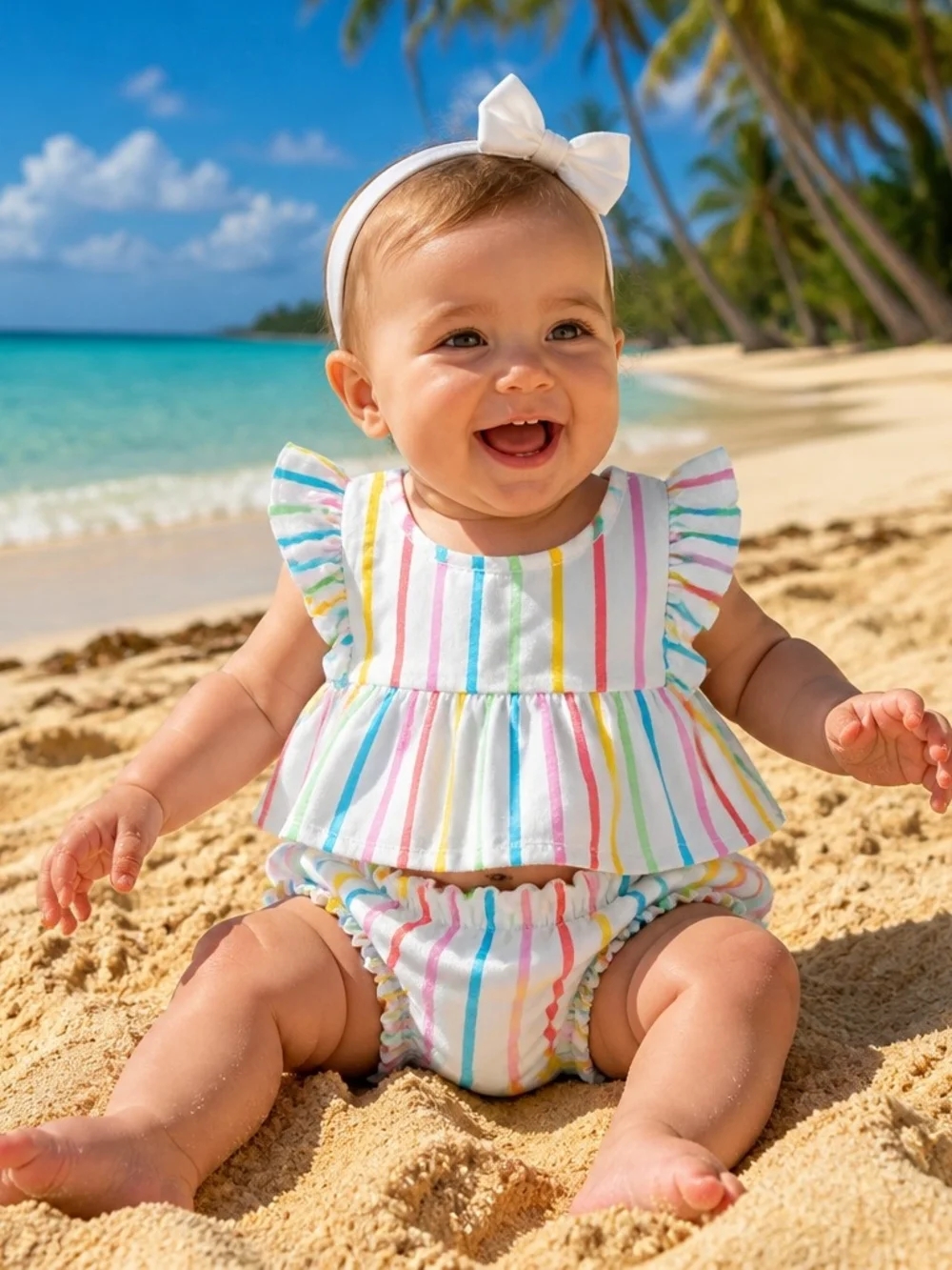 Jessica Simpson Baby Girls White Multi-Color Striped Ruffle Matching Set